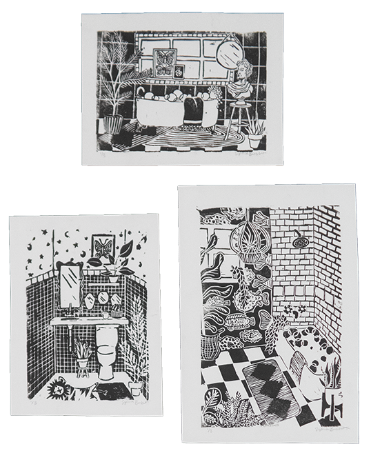 Three prints showing various bathrooms.
