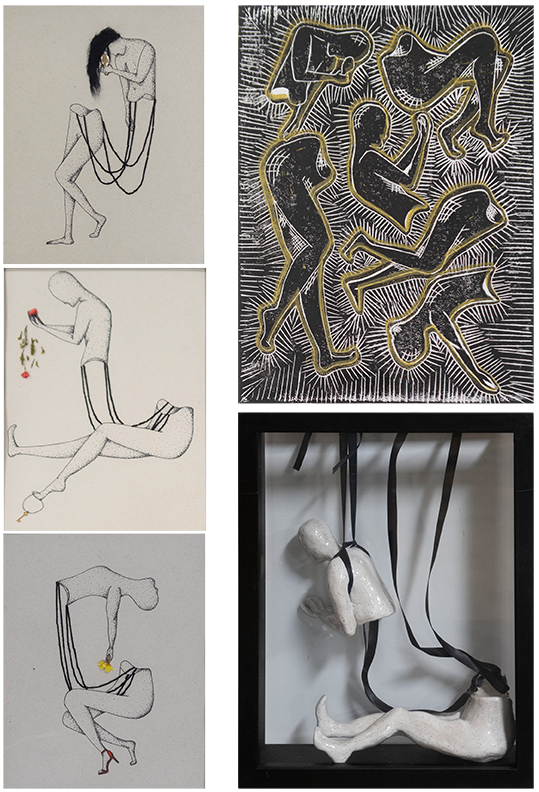 Four drawings and a sculpture of figures in various pieces. They are connected by ribbon.