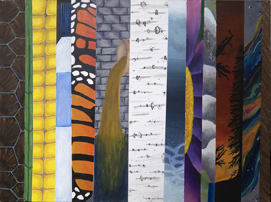 Vertical strips of natural patterns including monarch butterfly wings, birch bark, and flowers.