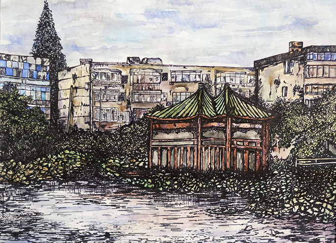 Painting of a gazebo on a lakefront with cityscape behind.