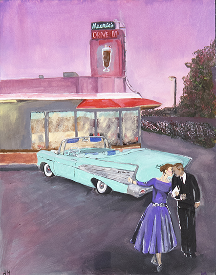 Young couple in suit and dress in front of a diner and teal classic car.