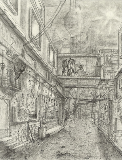 Drawing of a deserted, tight alleyway littered with trash.