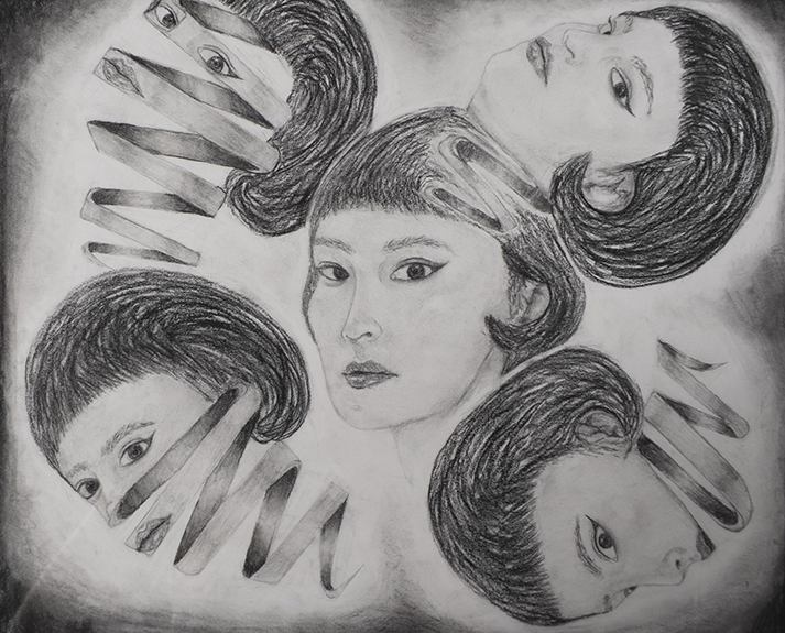 Five drawings of a young woman's face. Four are unraveling to various amounts.