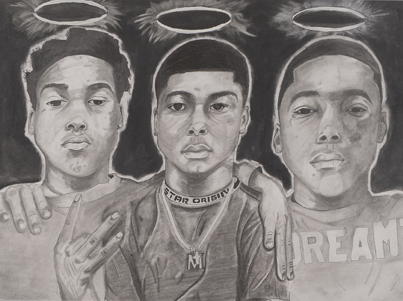 Three young African-American men with halo's above their heads.