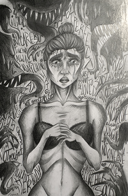 Thin young woman with worried expression surrounded by words and tentacle mouths.