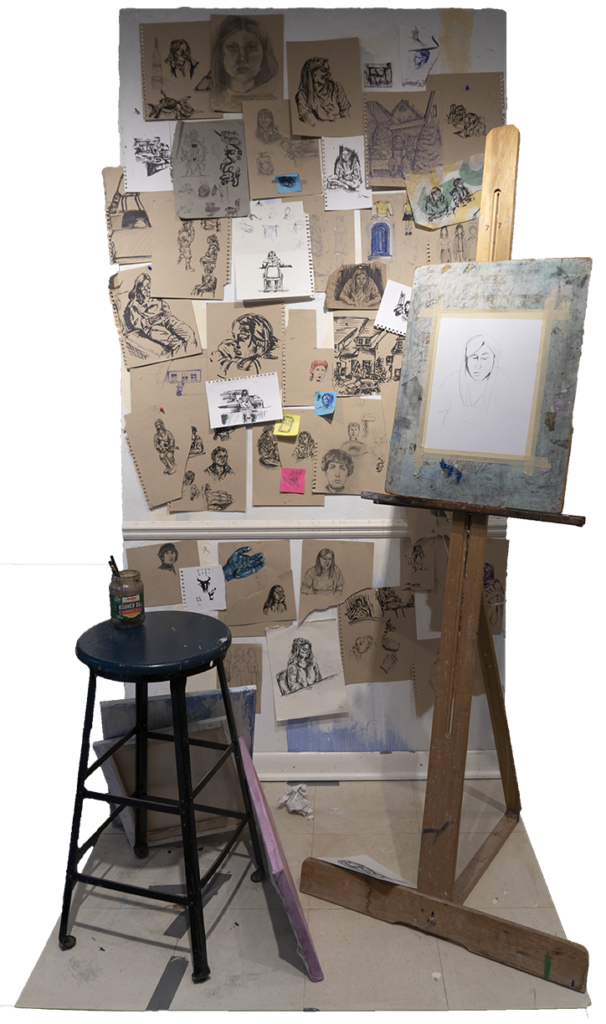 Scene of an art studio with sketches covering a wall, easel with partial drawing and stool surrounded by canvas'.
