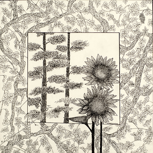 Drawing of sunflowers surrounded by vines that go onto the matting.