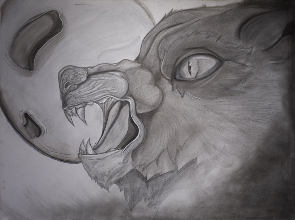 Drawing of a werewolf snarling in front of the moon.