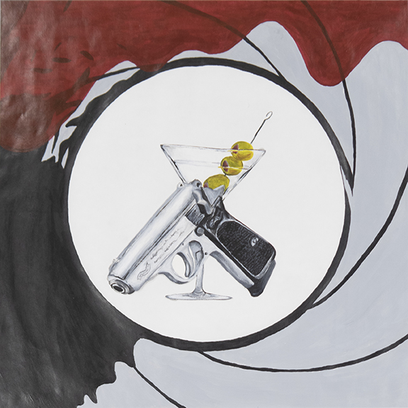 Drawing of a martini and gun surrounded by a bloody aperture.