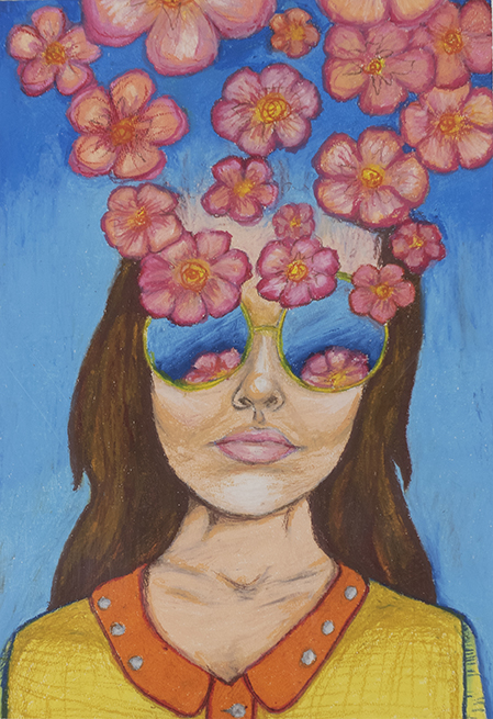 Young woman with mirrored glasses with flowers floating above her head.