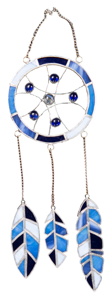 A dream catcher made of stained glass in various shades of blue