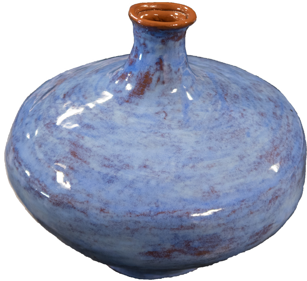 A short, wide clay pot with an orange-brown interior and blue mottled exterior.