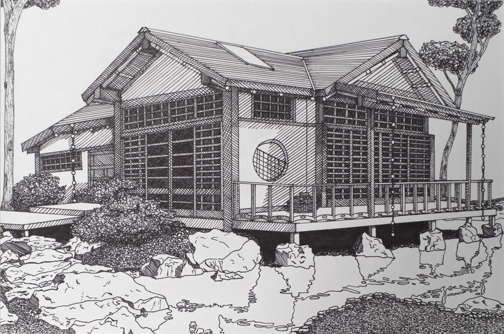 A black and white ink drawing of a Japanese-looking house.