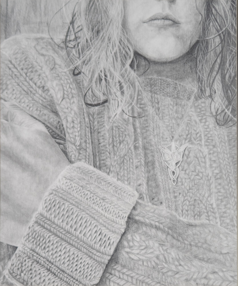 Pencil drawing of a young woman in a cable knit sweater and necklace
