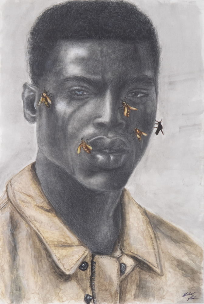A black man staring with bees covering his face