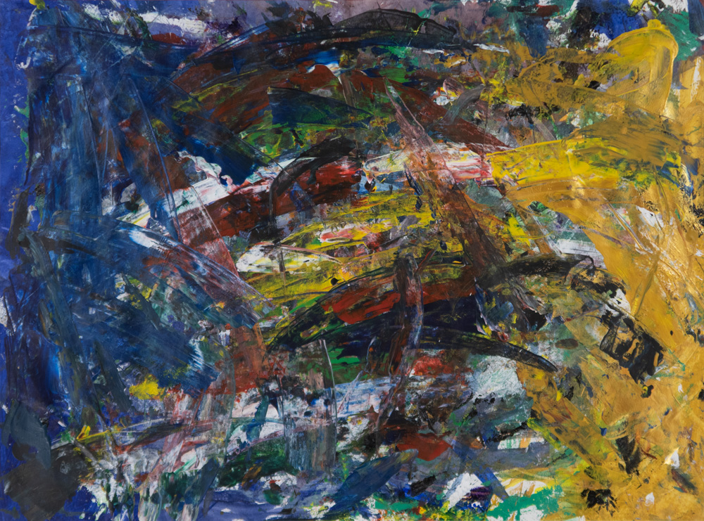 An abstract lookiing paining. Primary colors are blue on the left and yellow on the right.