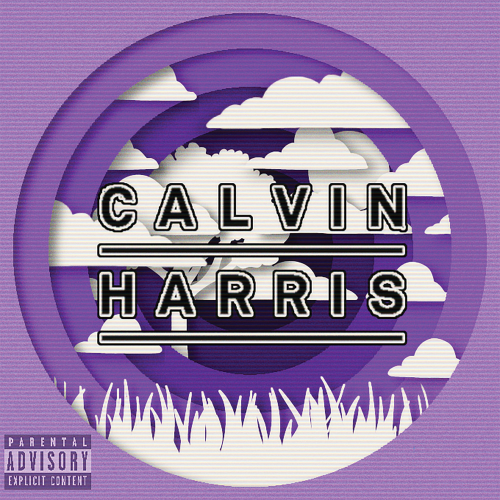 An album cover for Calvin Harris has clouds, a tree, and grass in white silhouettes and a narrowing purple circle suggests depth.
