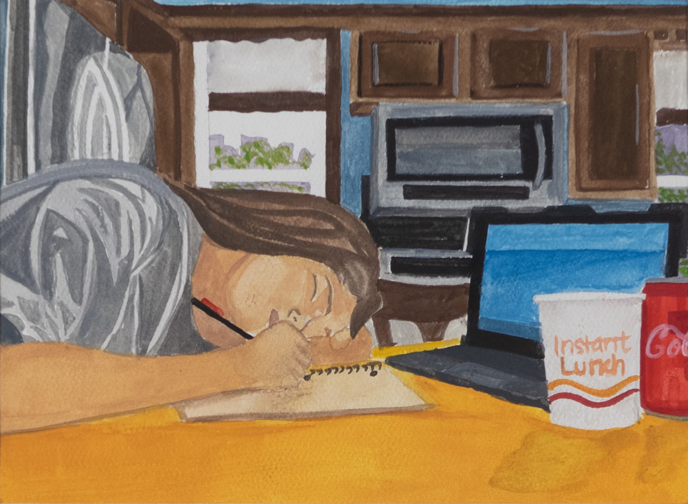 Painting of a oung person falling asleep in front of a laptop in their kitchen/. A mechanical pencil is in their hand, ready to take notes.
