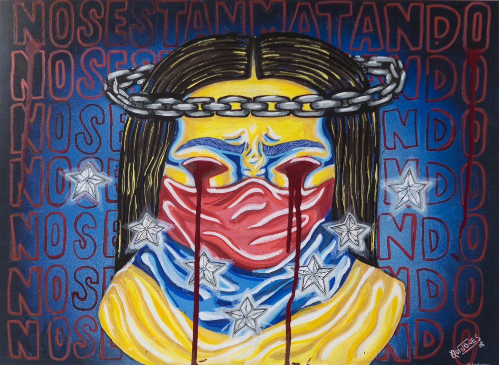A yellow figure with a red bandana covering their mouth and a chain surrounding their head like a halo has red tears streaming from their eyes.