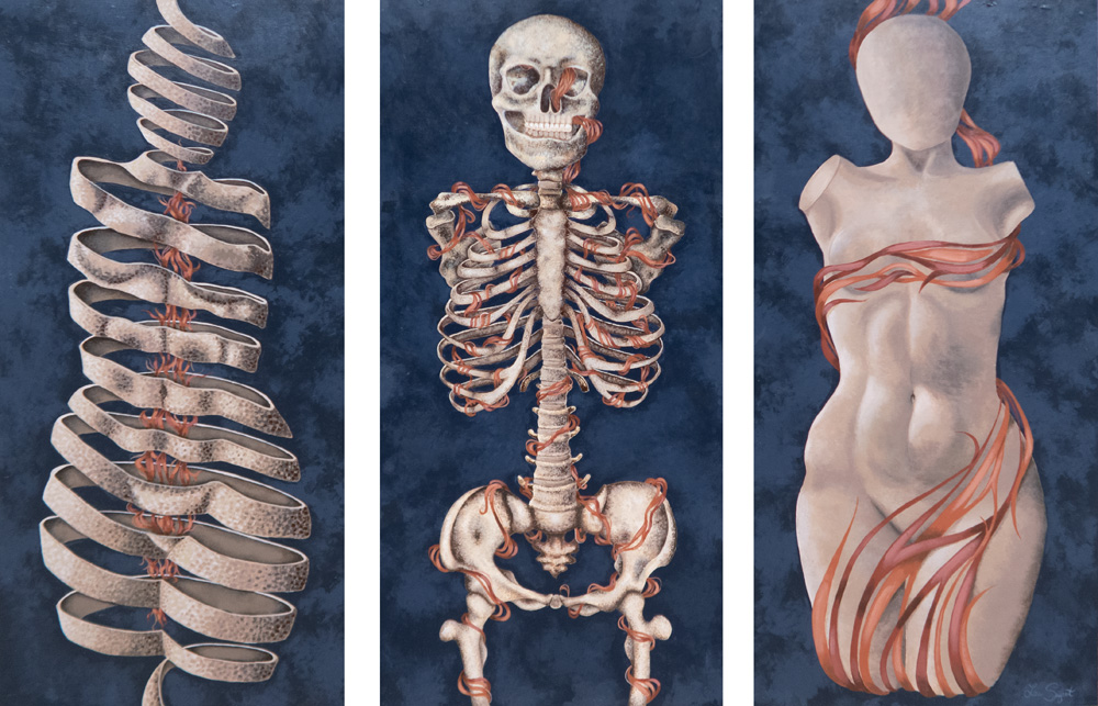 A series of three paintings show a woman in three stages. One has only nerves and a spiral of skin. The second has a skeleton, and the final one has a fully-formed body without limbs.