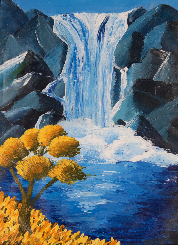 Painting of a waterfall over rocks into a pond surrounded by yellow grass and a tree.